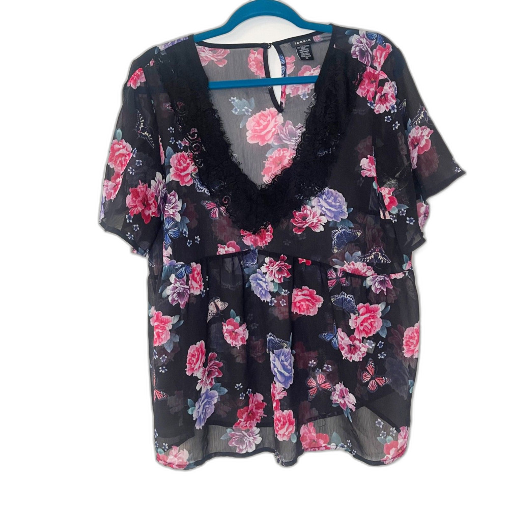 Torrid Black Pink Flowers Boho Cottage Sheer Lace Crinkle Butterfly Fairy Size L